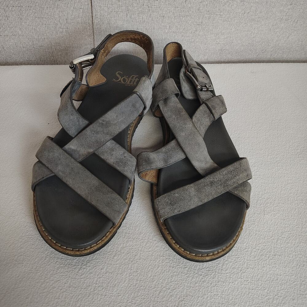 Sofft Womens 6M Gray Leather Strappy Sandals Buckle Comfort Walking Boho